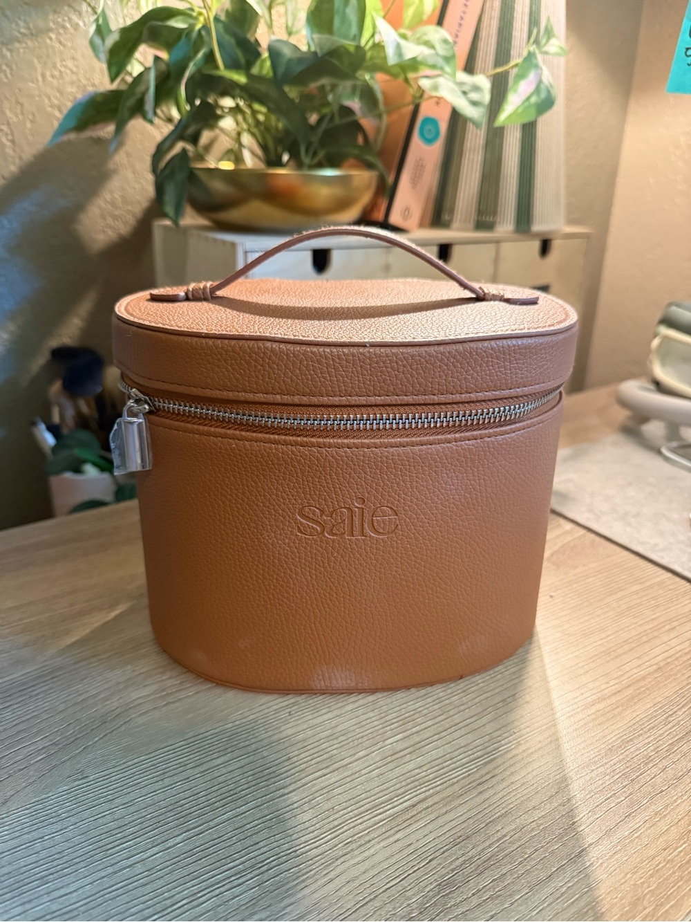 Saie Tan Leather Travel Vanity Case